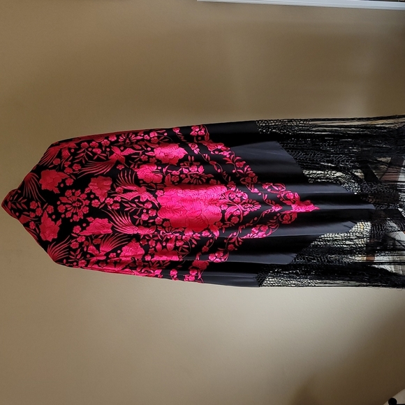 Accessories - Black Spanish Shawl Magenta Embroidered Floral Bird Design